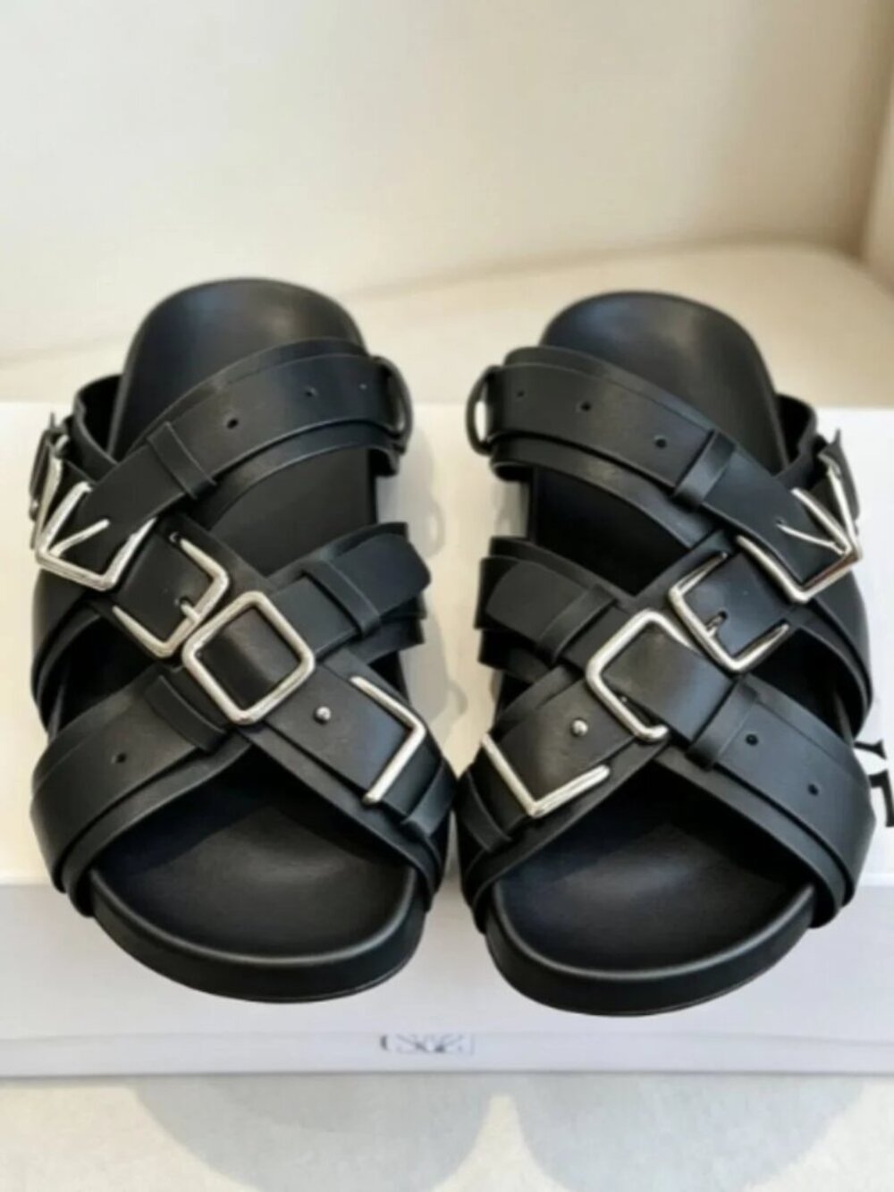 Loewe Black Multi Buckle Crisscross Slide Sandals